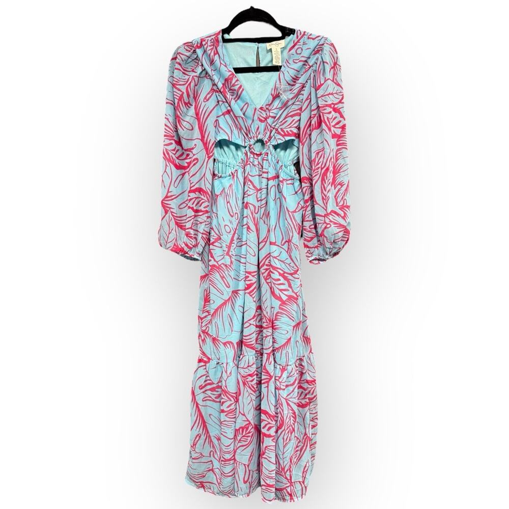 NWT Jessica Simpson Women’s Teal Blue and Pink Floral Chiffon Maxi Dress -Small - Picture 3 of 11